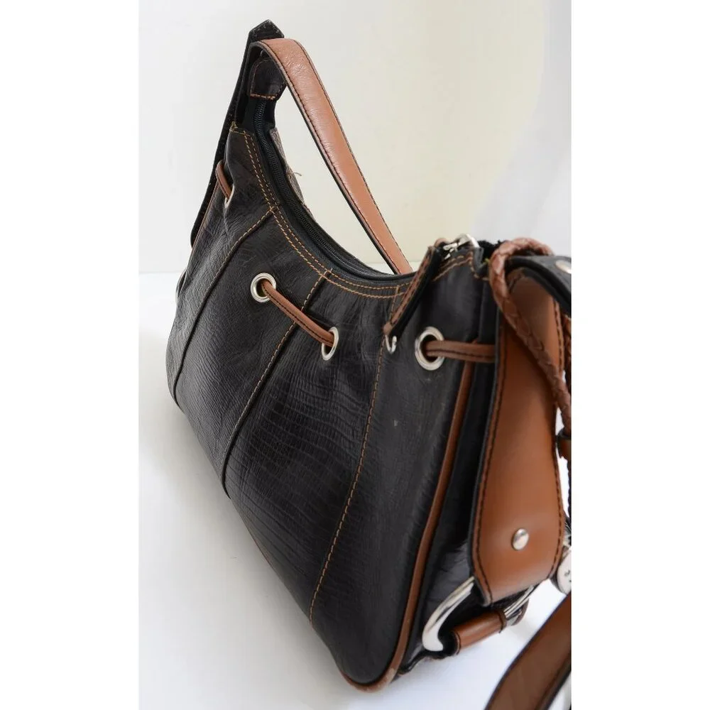 Sharif Studio Black Textured Leather Fringe Crossbody Satchel Handbag‎ Purse